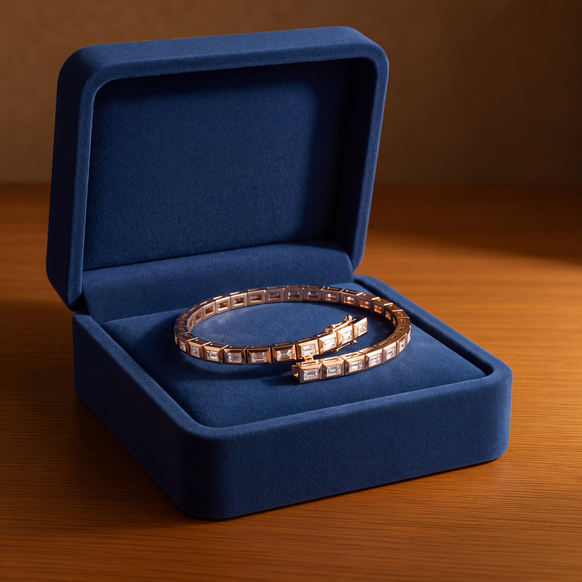 Rose gold tennis bracelet of emerald-cut diamonds