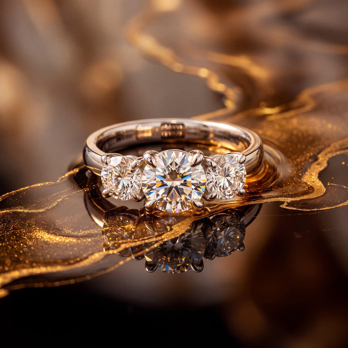 Three round diamonds in prongs, the largest at the center