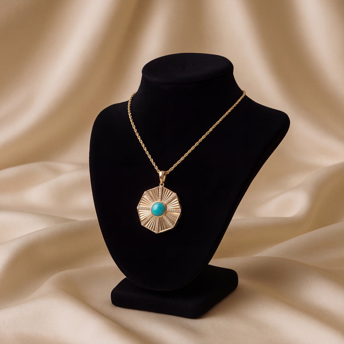 Octagonal sunburst pendant with a round amazonite center and pave diamond spokes in 18K yellow gold on a rope chain