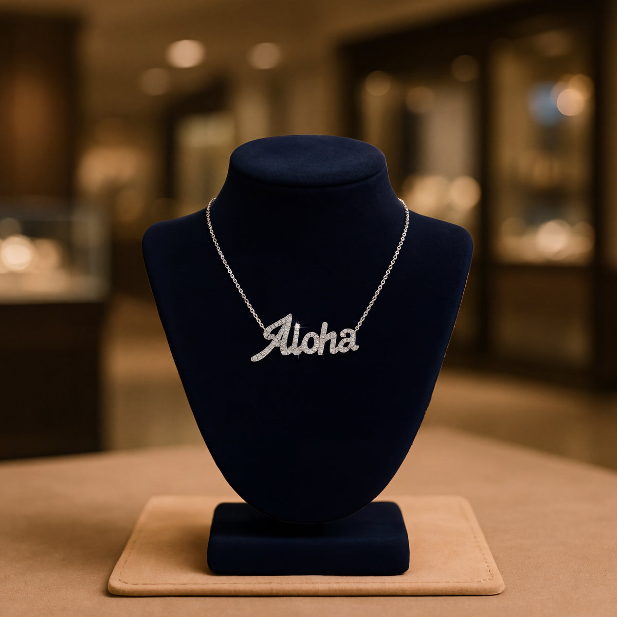 The word Aloha in diamond-set white gold script, on a navy bust in a lit jewelry case.