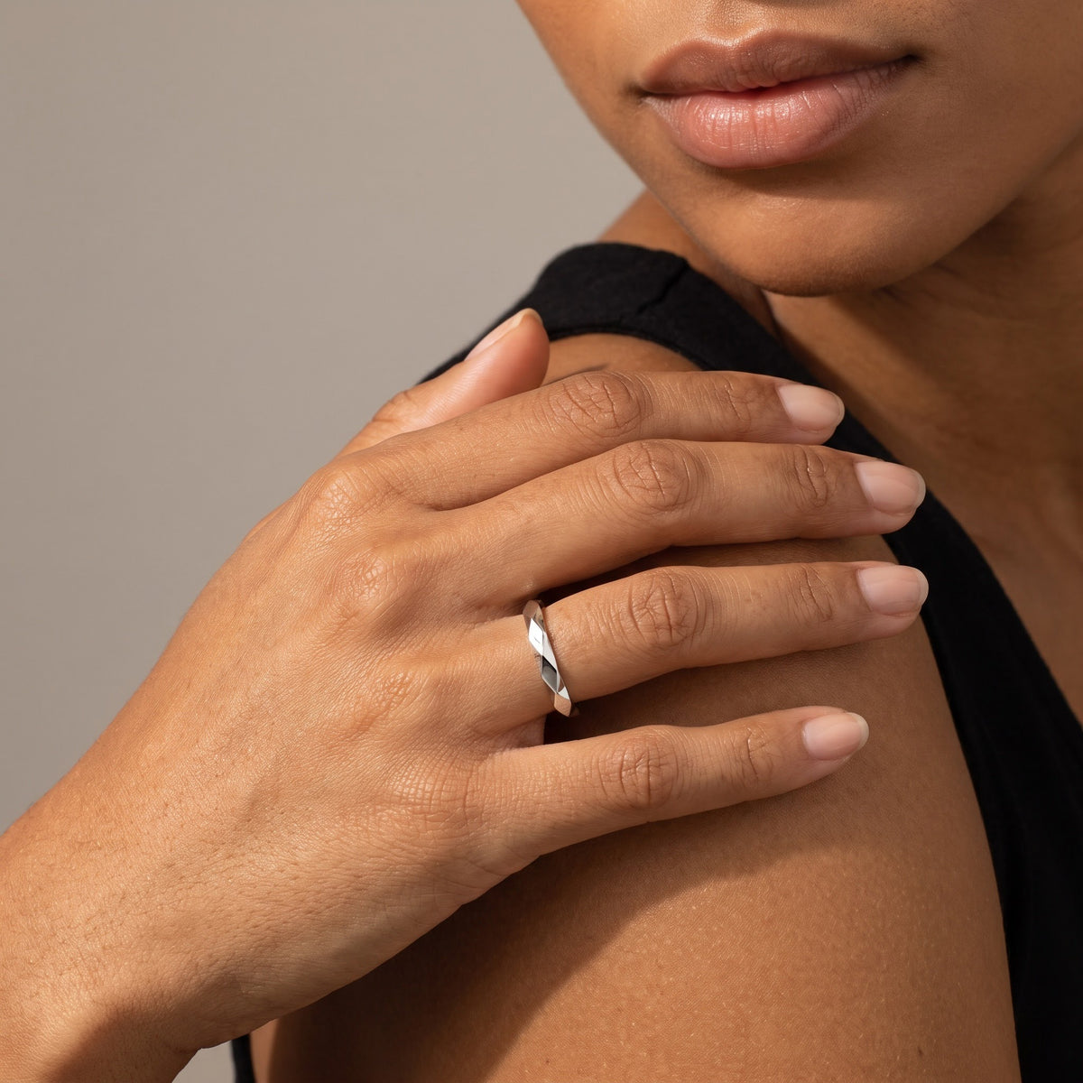 Faceted Geometric Band Ring in White Gold, worn