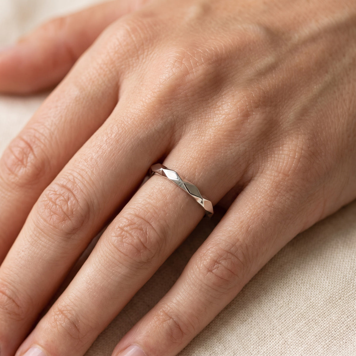 Faceted Geometric Band Ring in White Gold, worn