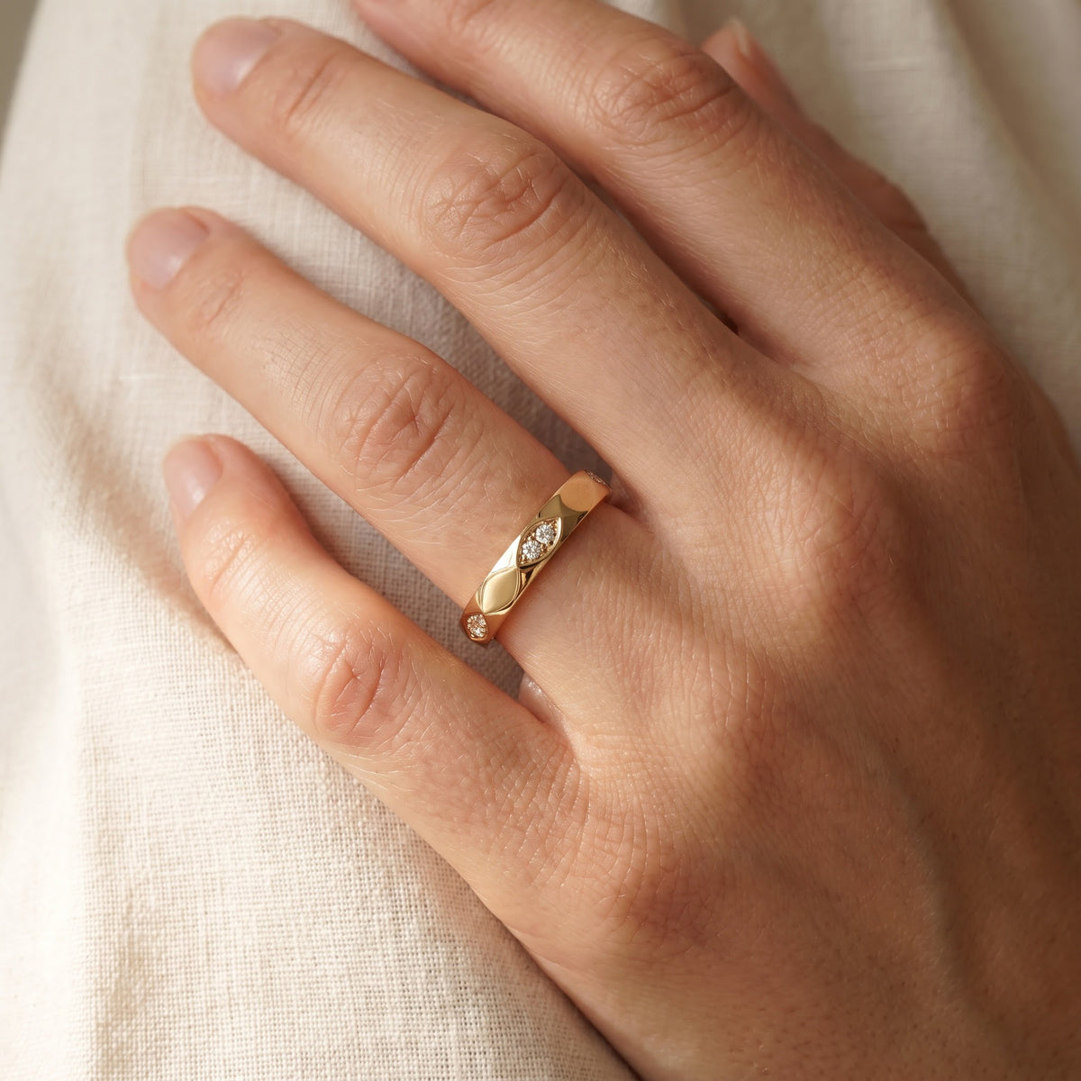 Faceted Yellow Gold Diamond Band Ring, worn