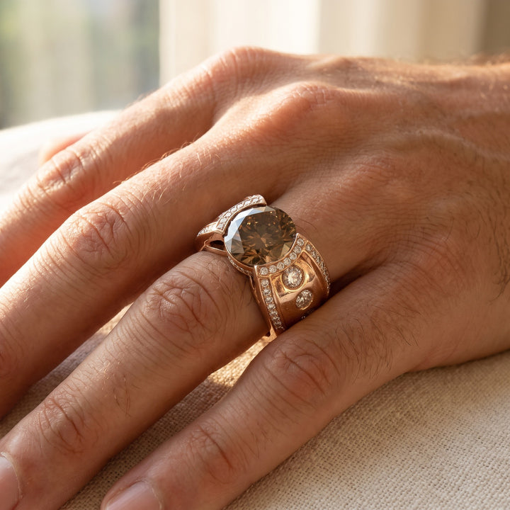 5.92 ct Fancy Brown Diamond Men's Wide Band Cocktail Ring in 14K Rose Gold, worn
