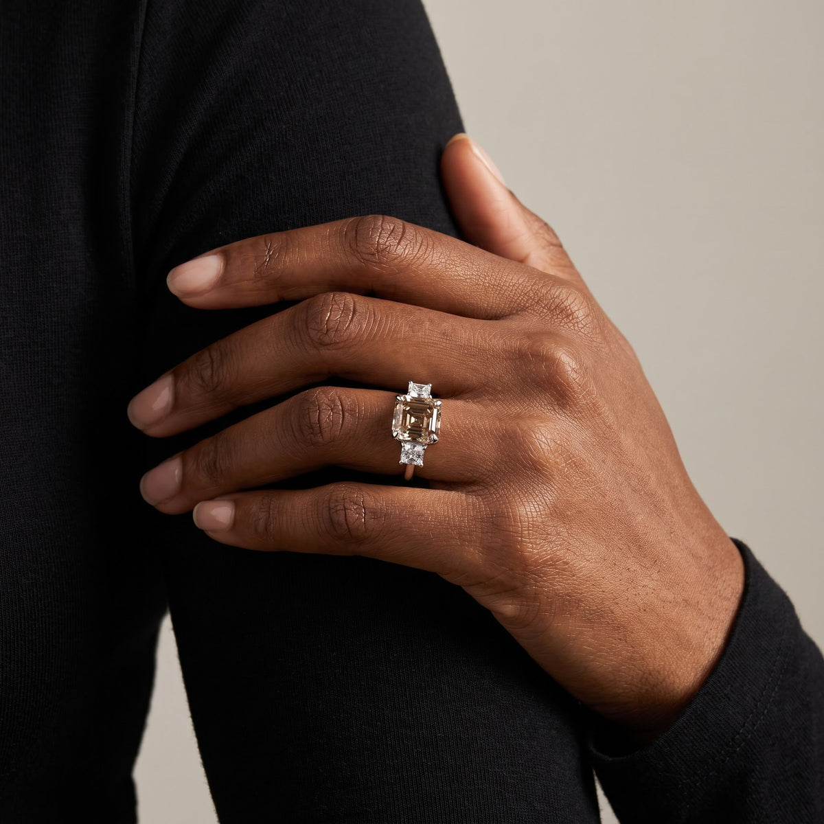 Fancy Brown Diamond Three-Stone Ring in White Gold, worn