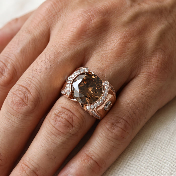 8.80 ct Fancy Deep Brown Diamond Men's Cocktail Ring in 14K Rose Gold, worn