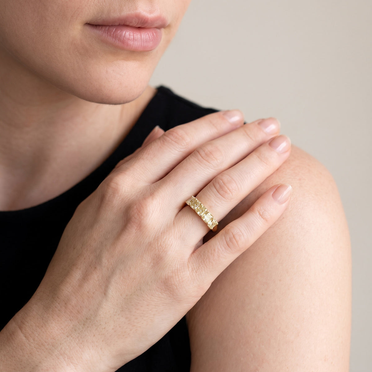 Fancy Yellow Diamond Band in Yellow Gold, worn, second view