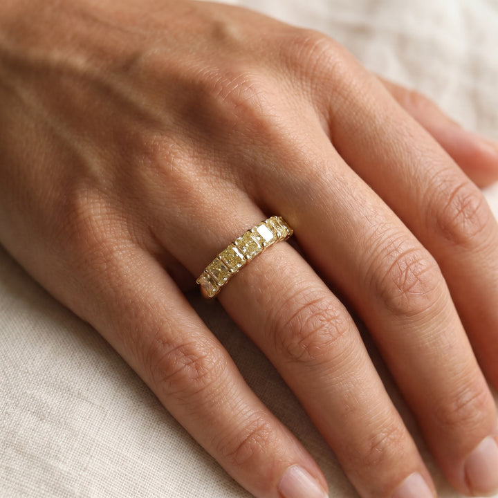 Fancy Yellow Diamond Band in Yellow Gold, worn