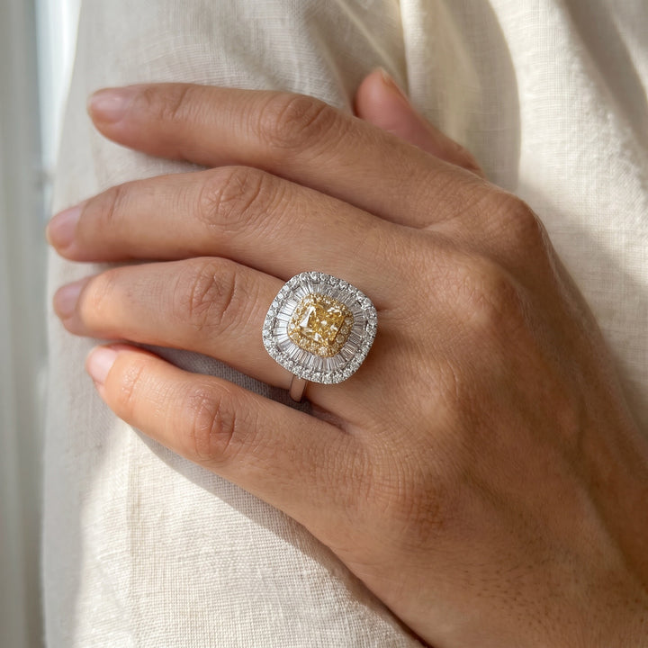 1.01 ct Fancy Yellow Diamond Double Halo Cocktail Ring in 18K White Gold, worn