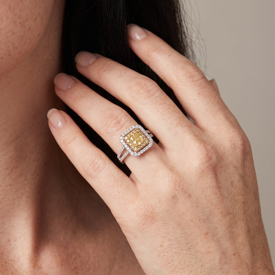 Fancy Yellow Diamond Double Halo Engagement Ring in White and Yellow Gold, worn, second view