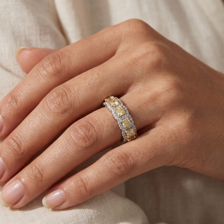 3.80 ct Fancy Yellow Diamond Halo Eternity Ring in 14K White Gold, worn