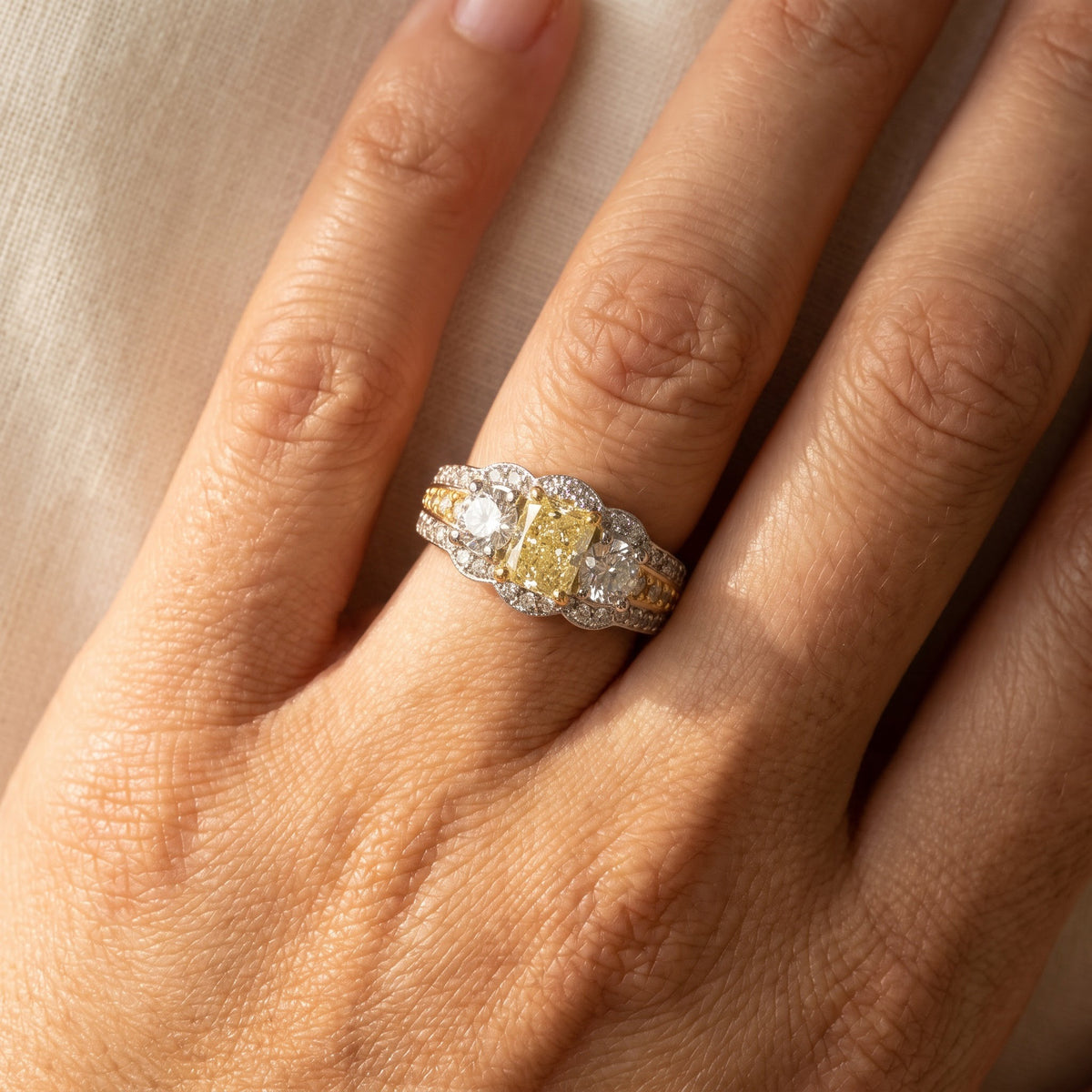 Fancy Yellow Diamond Multi-Stone Ring in White Gold, worn