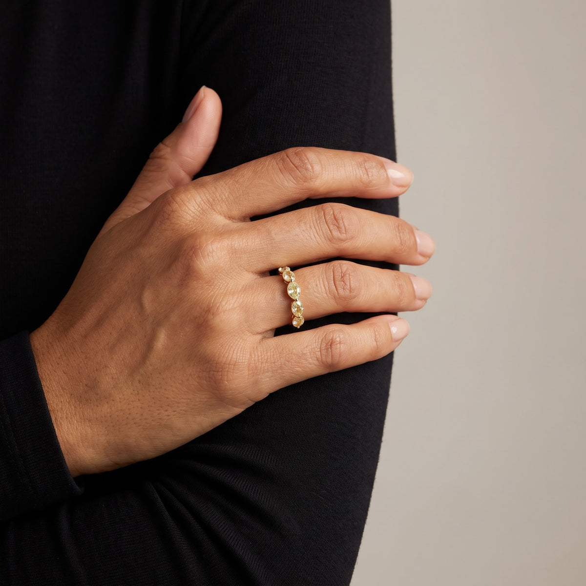 Fancy Yellow Diamond Multi-Stone Ring in Yellow Gold, worn