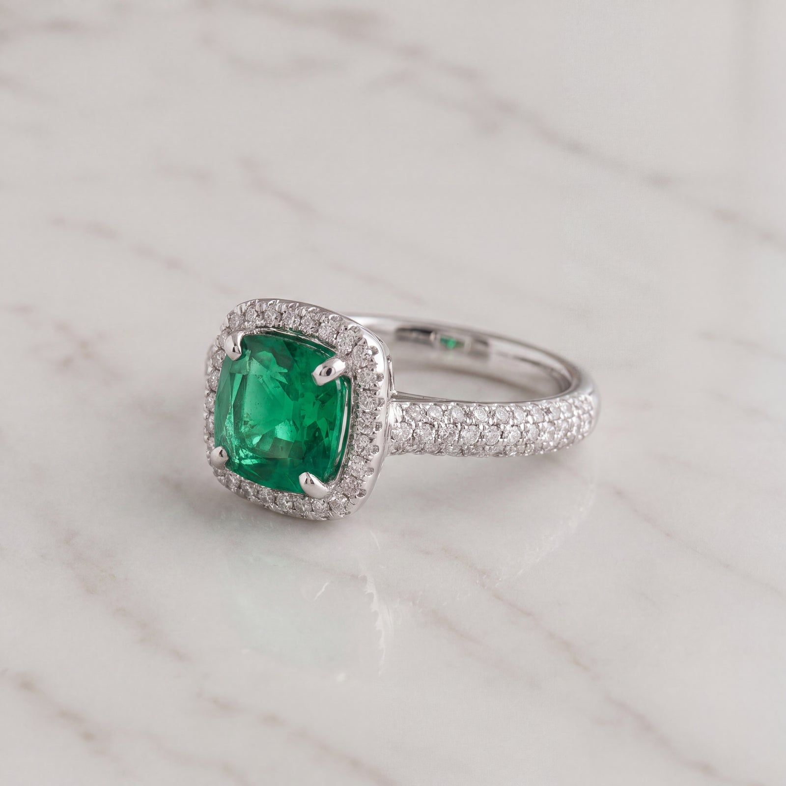 White Gold Cushion Emerald and Diamond Pavé Cocktail Ring