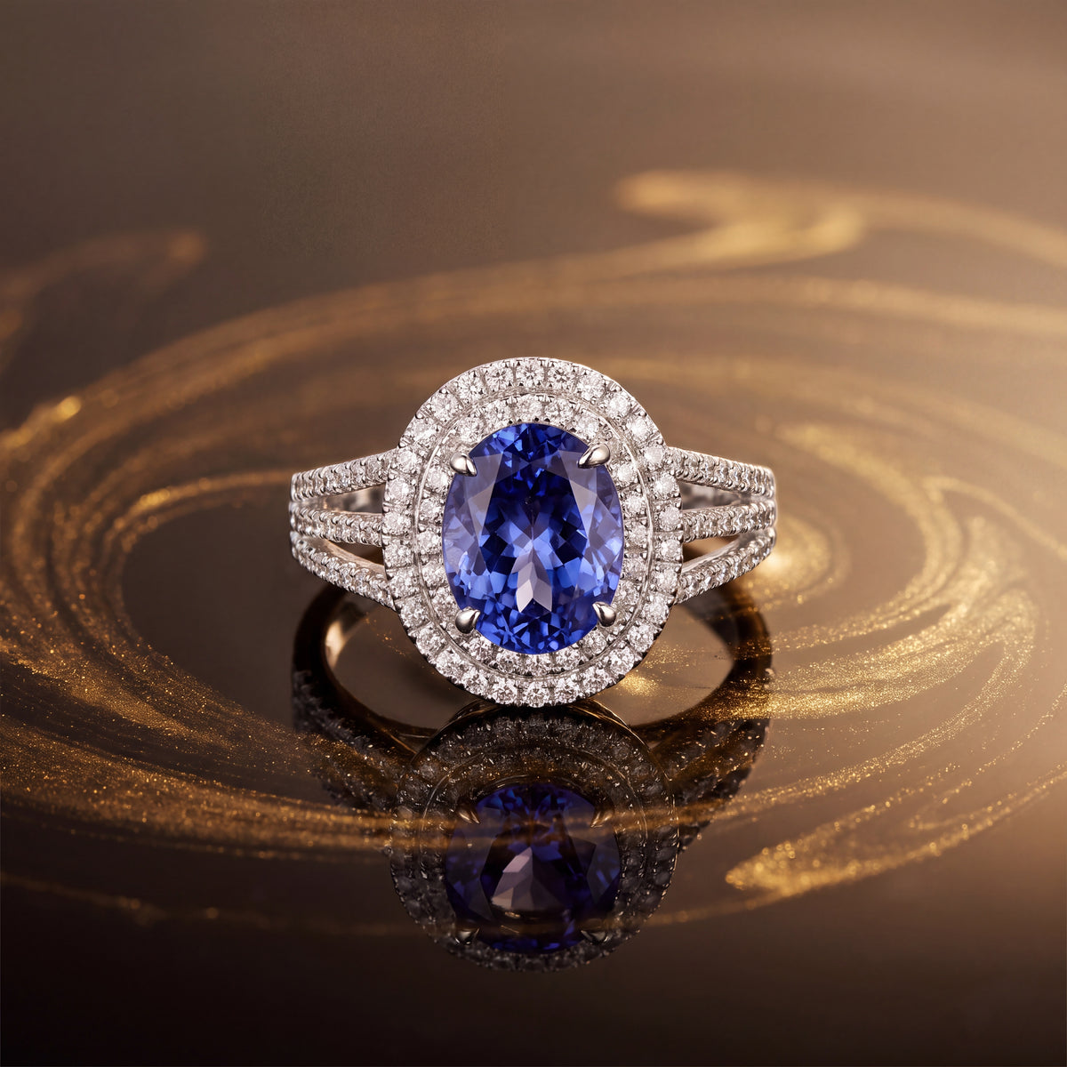 Oval tanzanite in a double diamond halo on a split shank