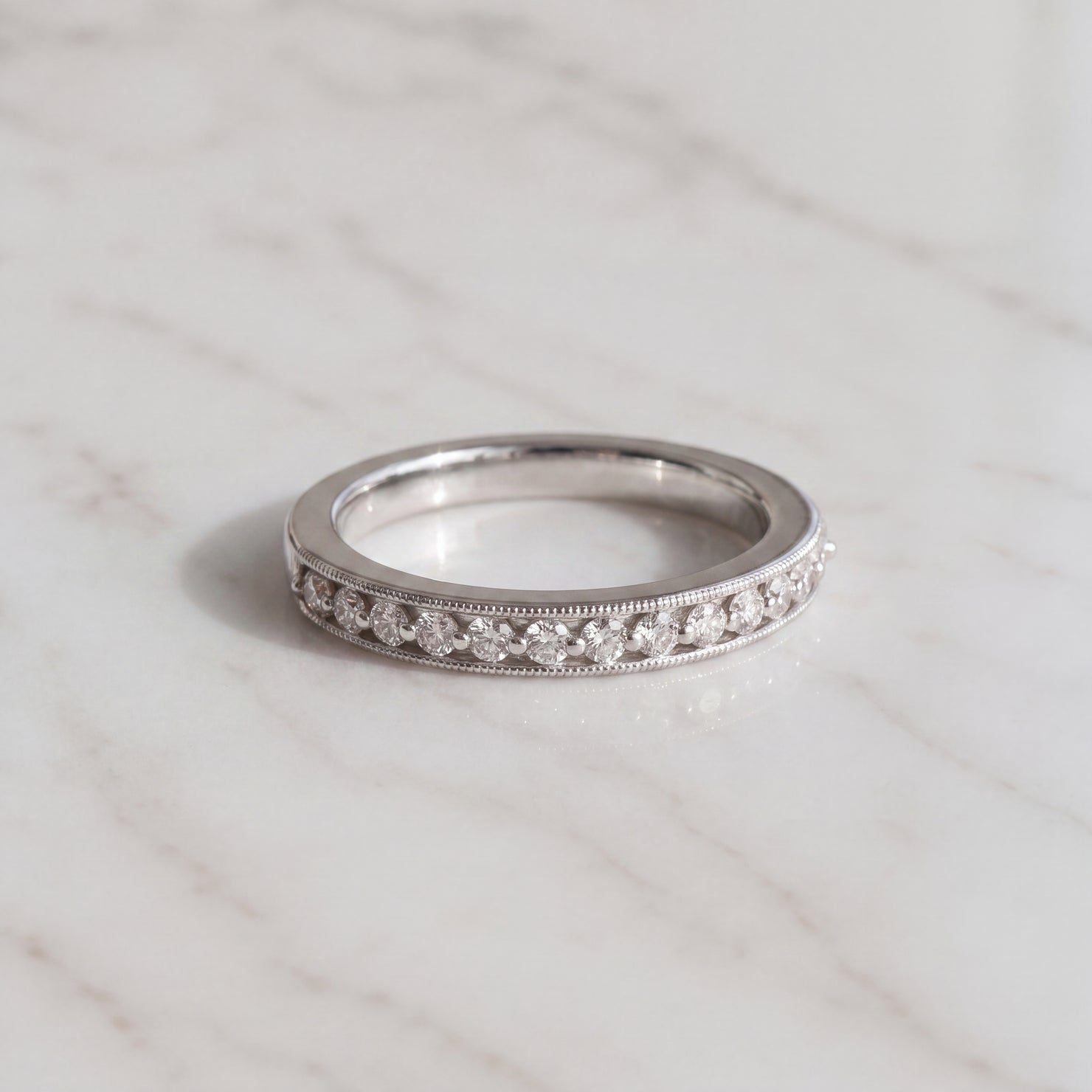 White Gold Diamond Band with Milgrain Edges