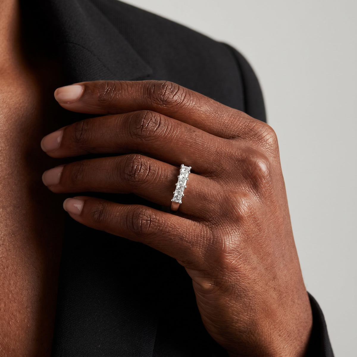 Five-Stone Princess Cut Diamond Ring in White Gold, worn