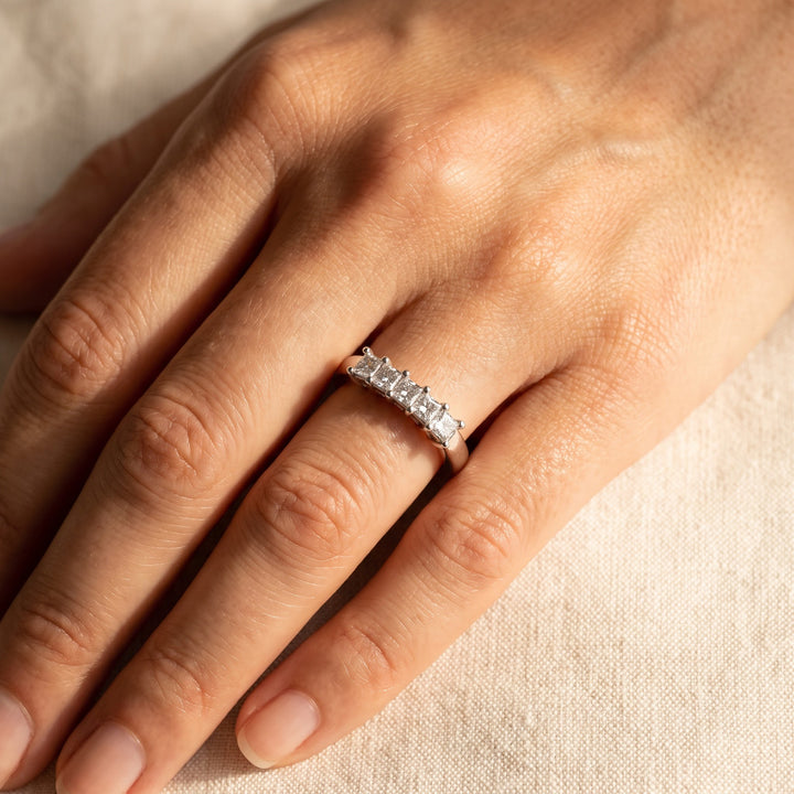 Five-Stone Princess Cut Diamond Ring in White Gold, worn