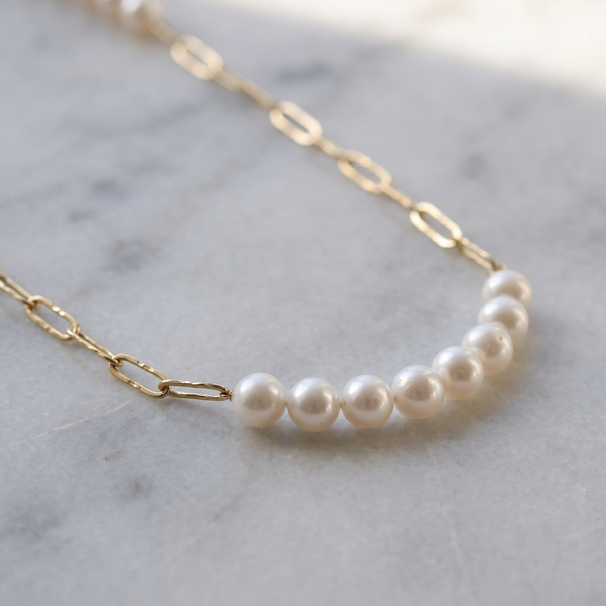 Freshwater Pearl Paperclip Link Necklace in 14K Yellow Gold