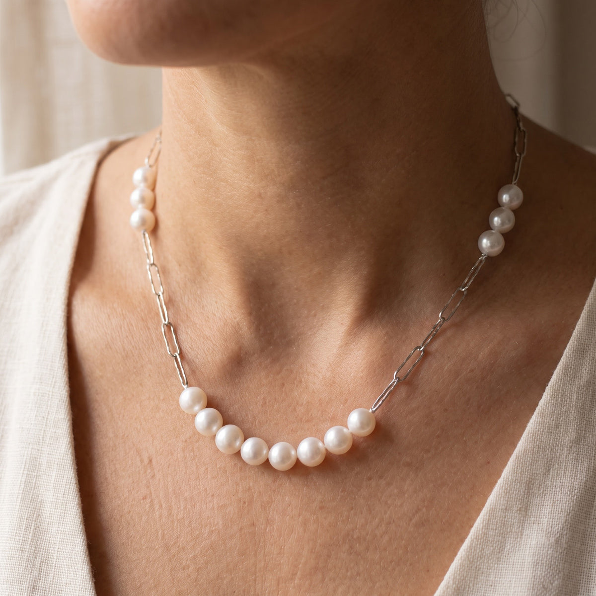Freshwater Pearl Paperclip Link Necklace, worn