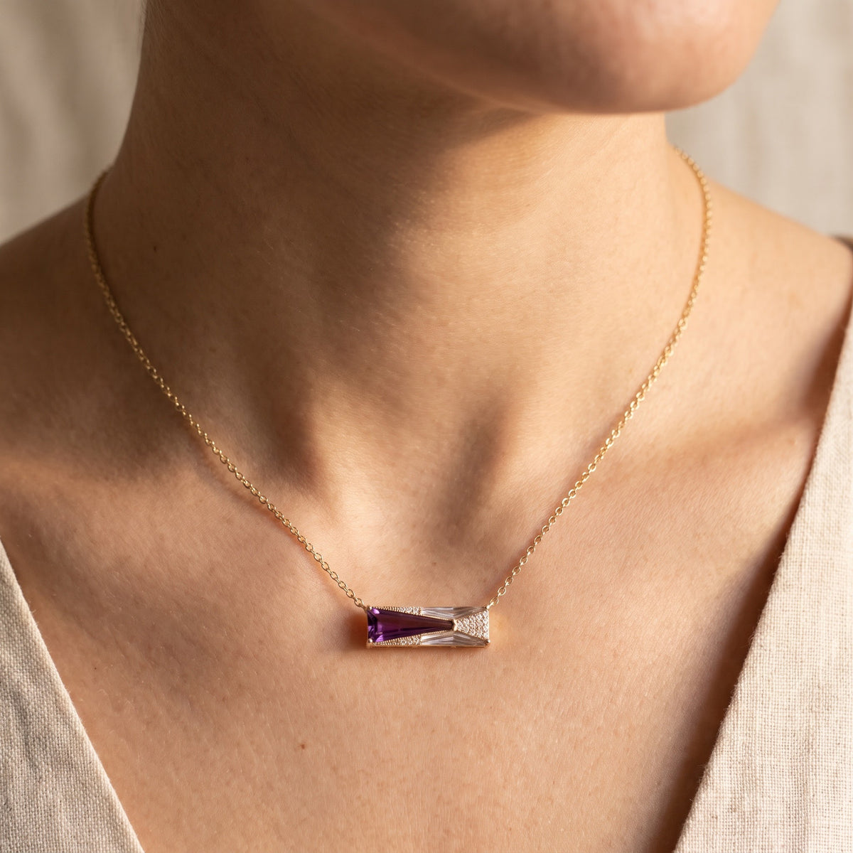 Geometric Amethyst Bar Necklace in Yellow Gold, worn