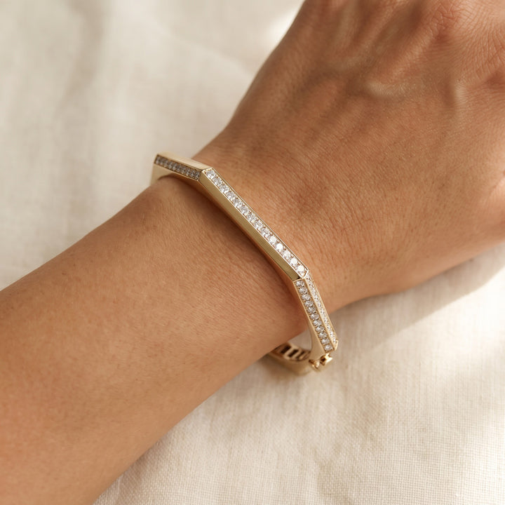 1.13 ct Geometric Diamond Bangle in 14K Yellow Gold, worn