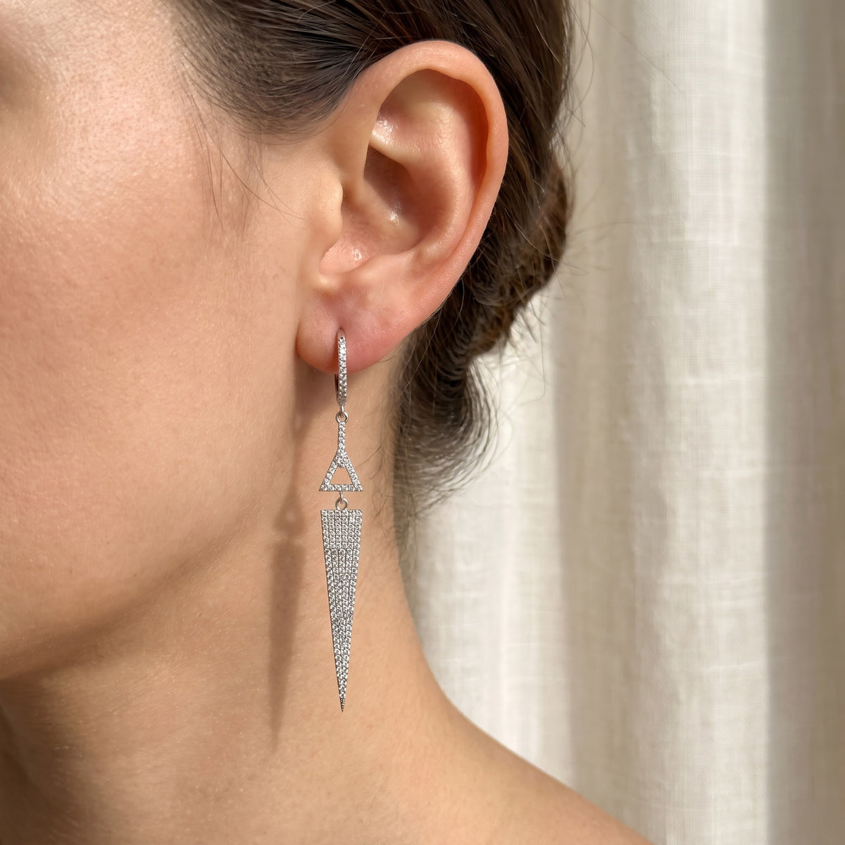 Geometric Diamond Spike Dangle Earrings in White Gold, worn