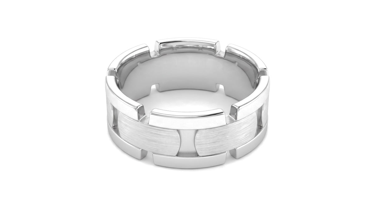 Geometric Link Band Ring with Mixed Finishes in 14K White Gold, studio