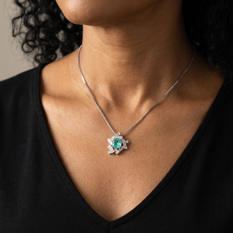 Paraiba Tourmaline and Diamond Geometric Pendant Necklace in 18K White Gold, worn