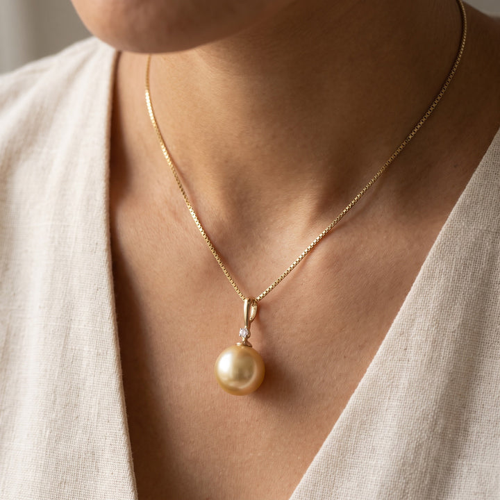 Golden Pearl and Diamond Pendant Necklace in 14K Yellow Gold, worn