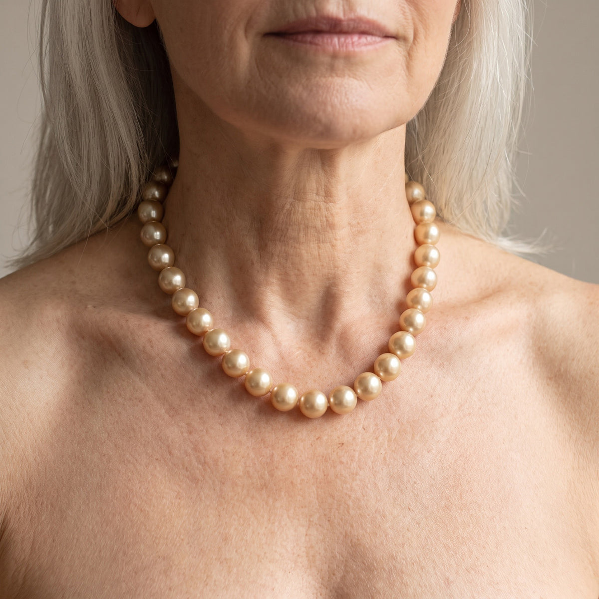 Golden Pearl Strand Necklace, worn, second view