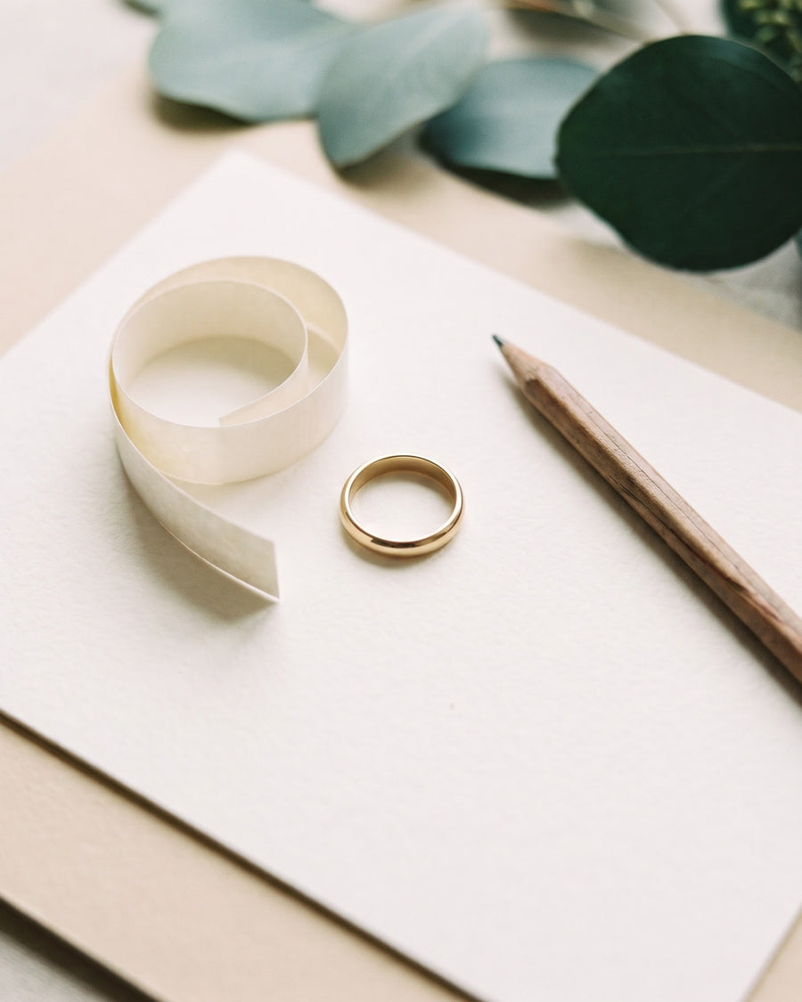 Plain band ring beside a curled paper strip and a pencil on an ivory card