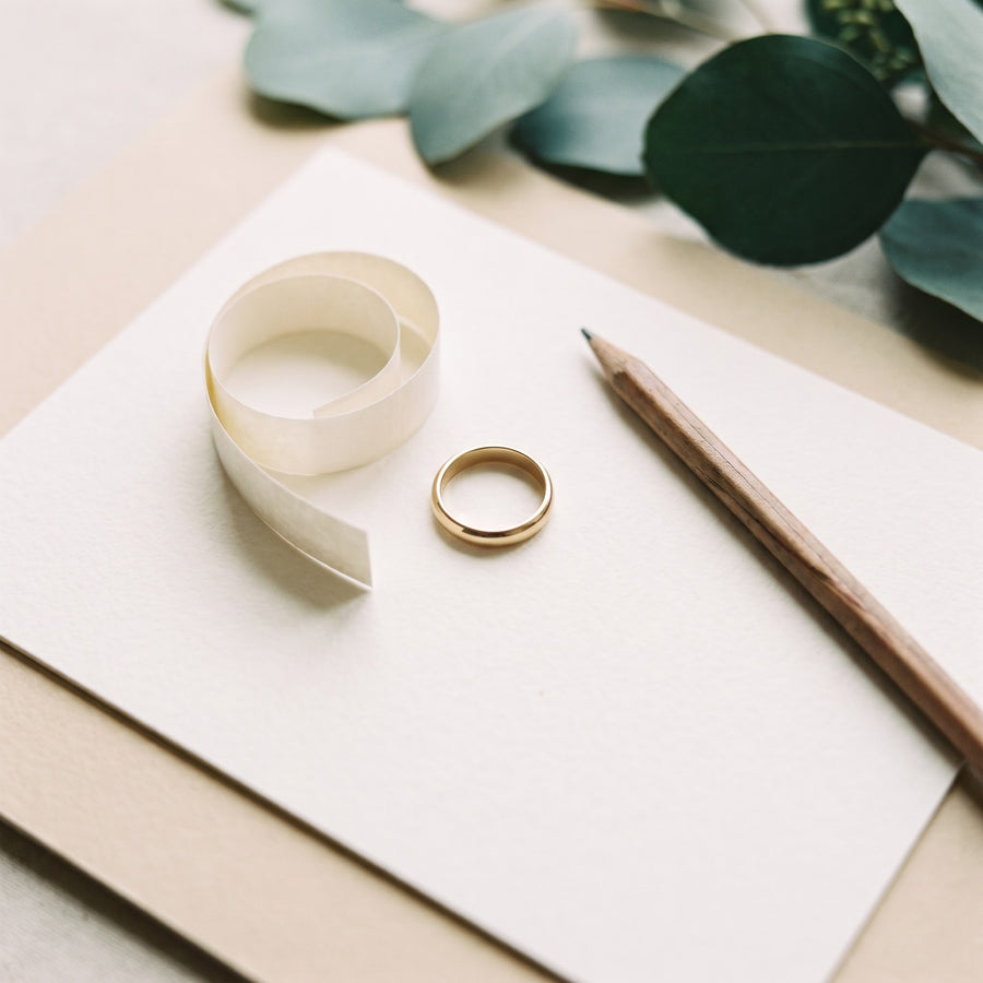 Plain band ring beside a curled paper strip and a pencil on an ivory card
