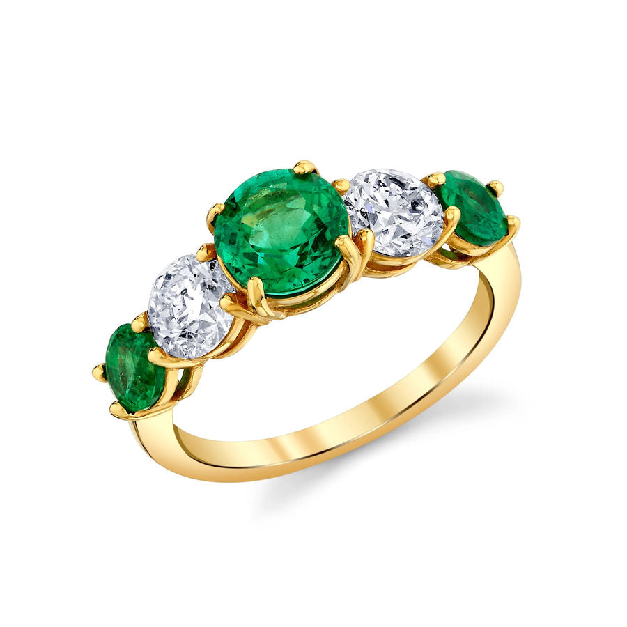 Five-stone emerald and diamond ring in yellow gold