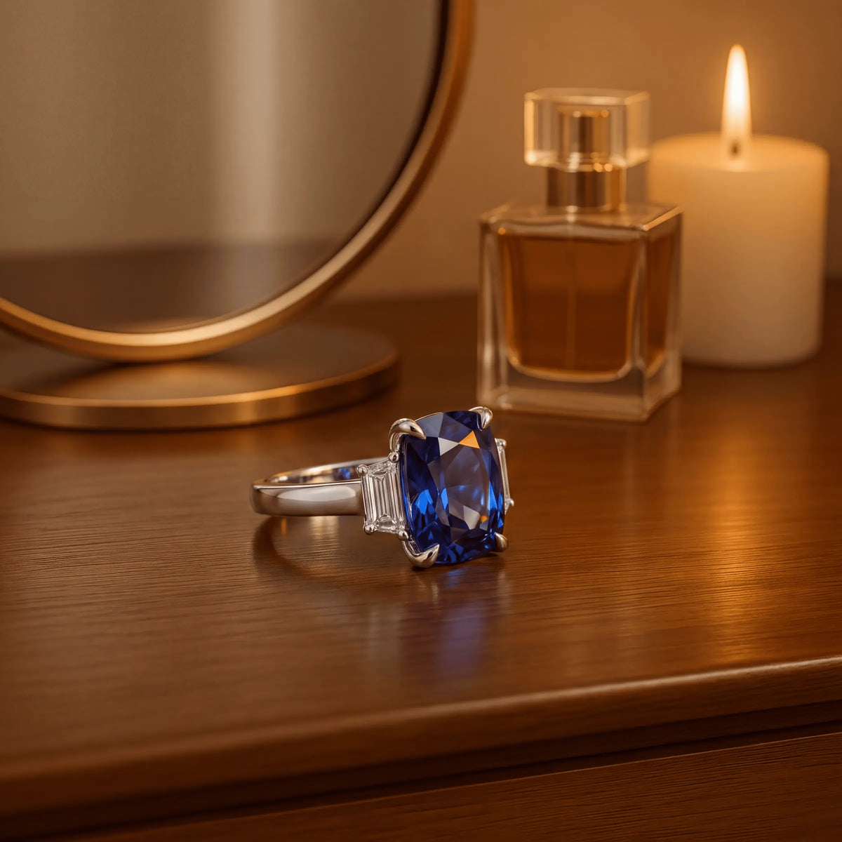 A blue-center ring styled in a warm room setting with a candle and perfume