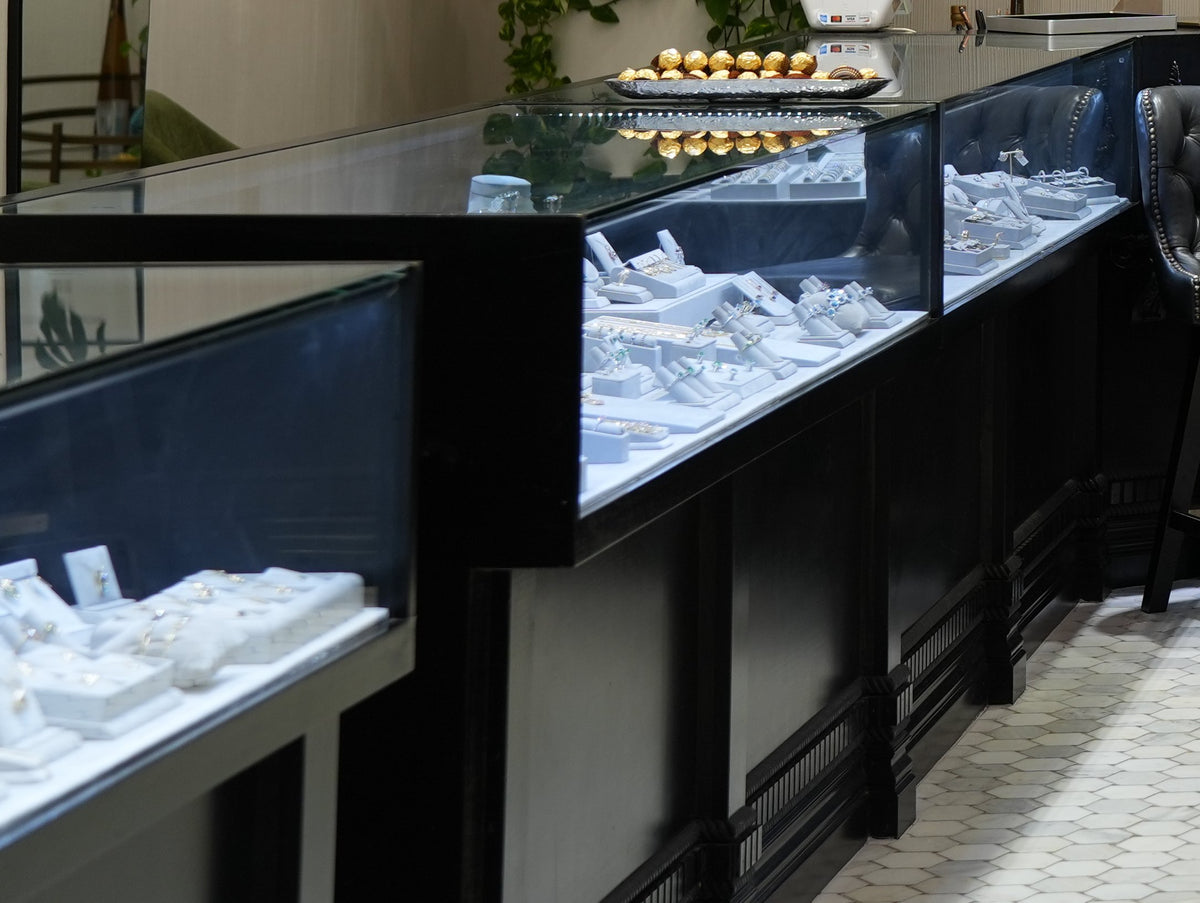 A case of rings and earrings at Greenleaf Diamonds