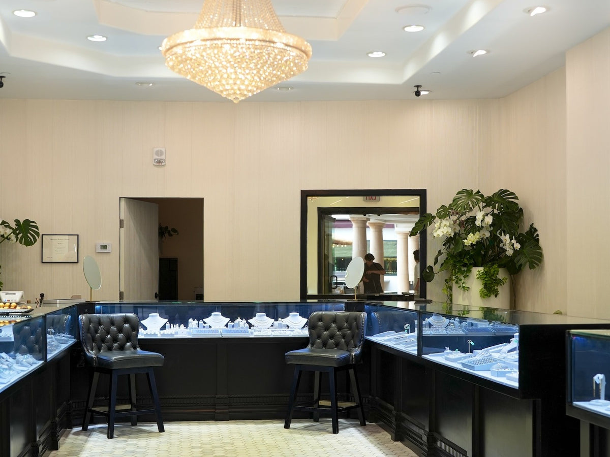The Greenleaf Diamonds showroom under its chandelier, the back counter beyond
