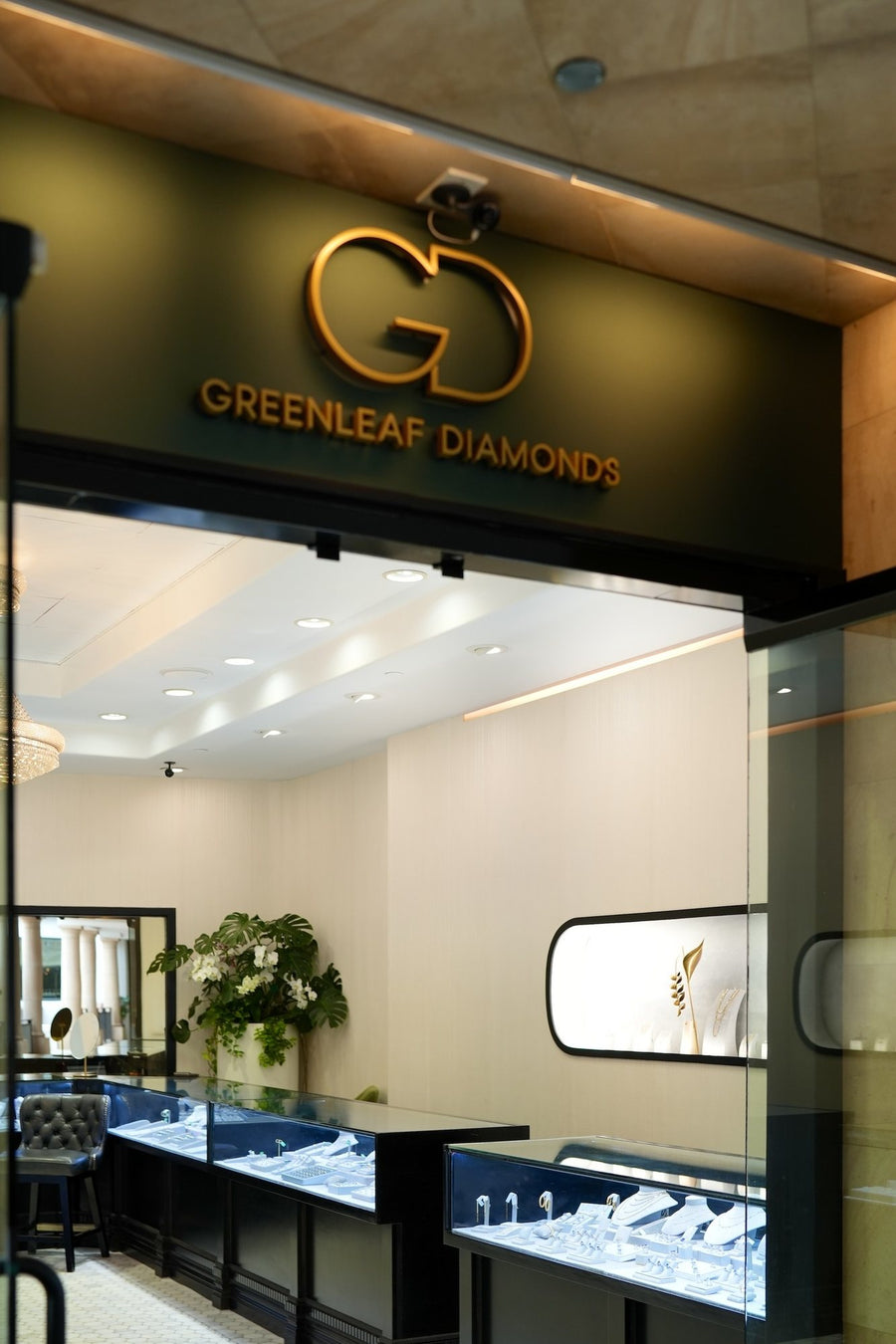The Greenleaf Diamonds sign, looking in from the entrance to the showroom