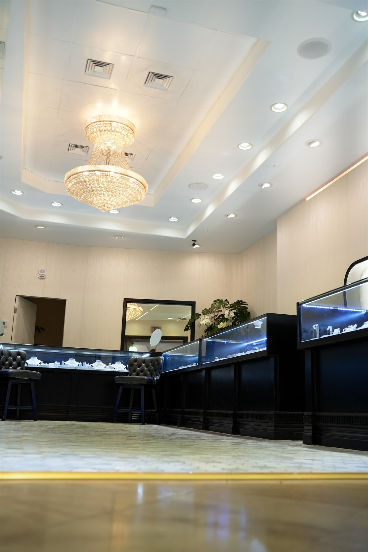 The showroom from the door, under the chandelier
