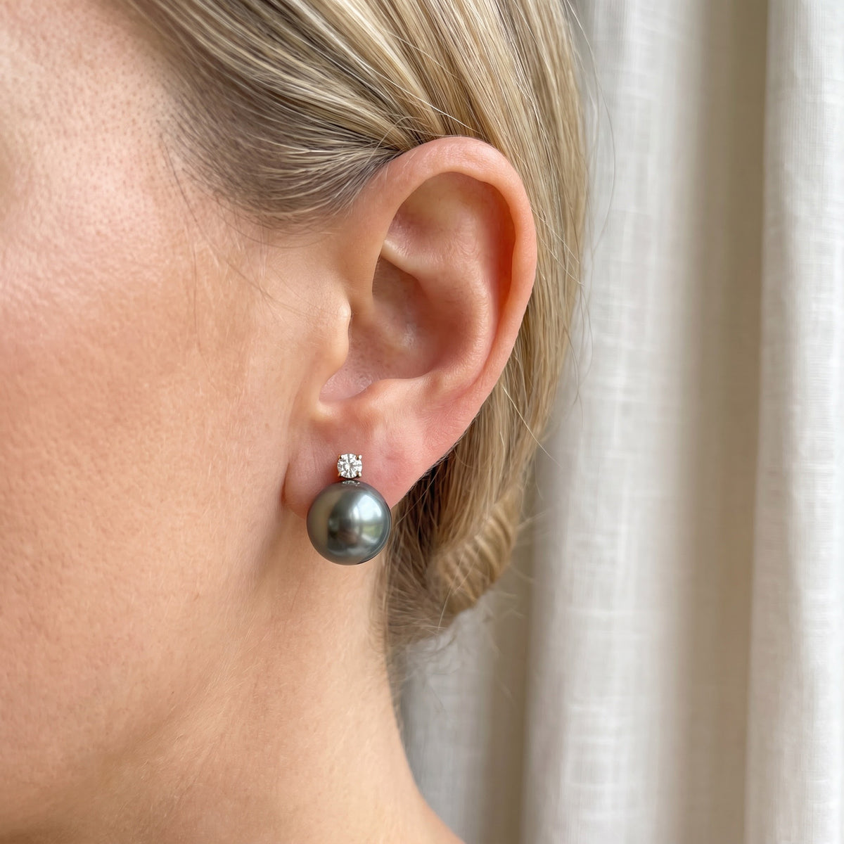 Grey Tahitian Pearl and Diamond Stud Earrings, worn