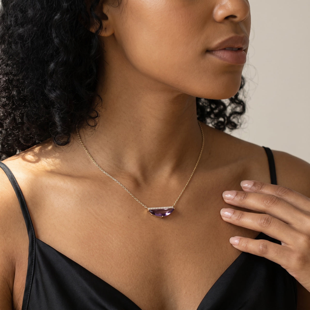 2.64 ct Half-Moon Amethyst and Diamond Bar Necklace in 14K Yellow Gold