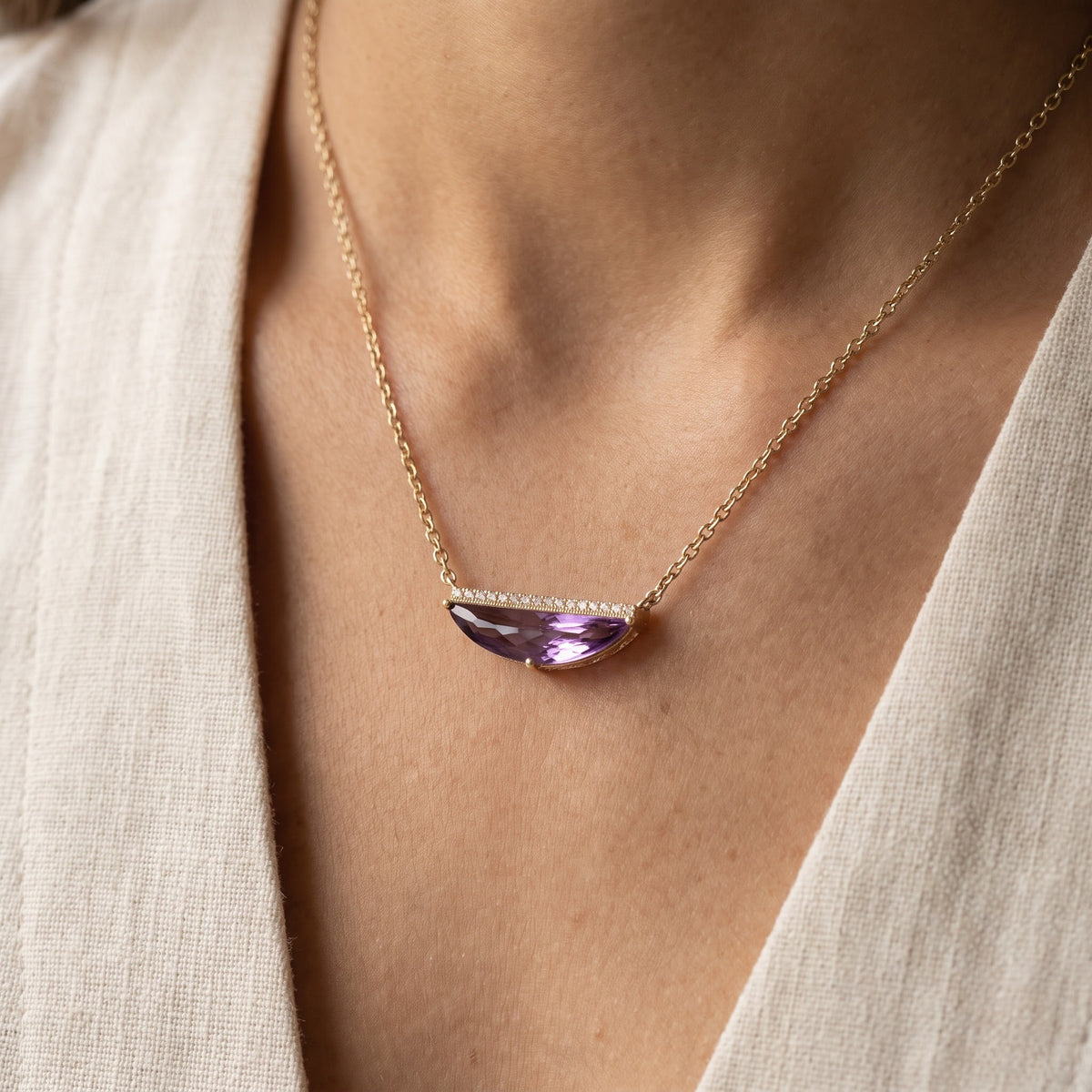 Half-Moon Amethyst and Diamond Accent Bar Necklace in Yellow Gold, worn
