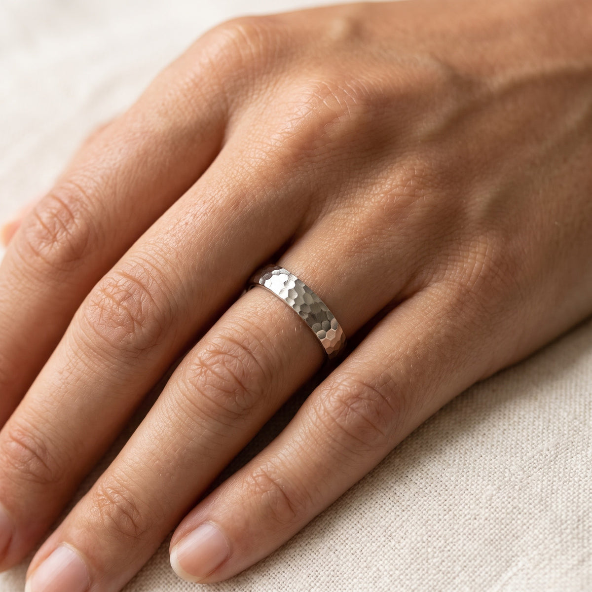Hammered Finish Band Ring in 14K White Gold, worn