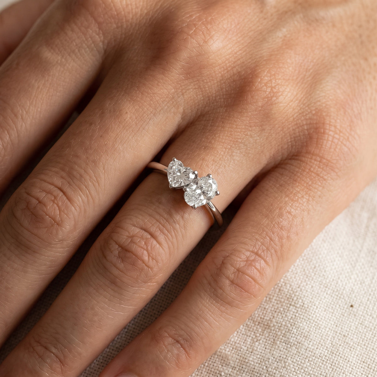 Heart and Oval Diamond Two-Stone Ring in 14K White Gold, worn