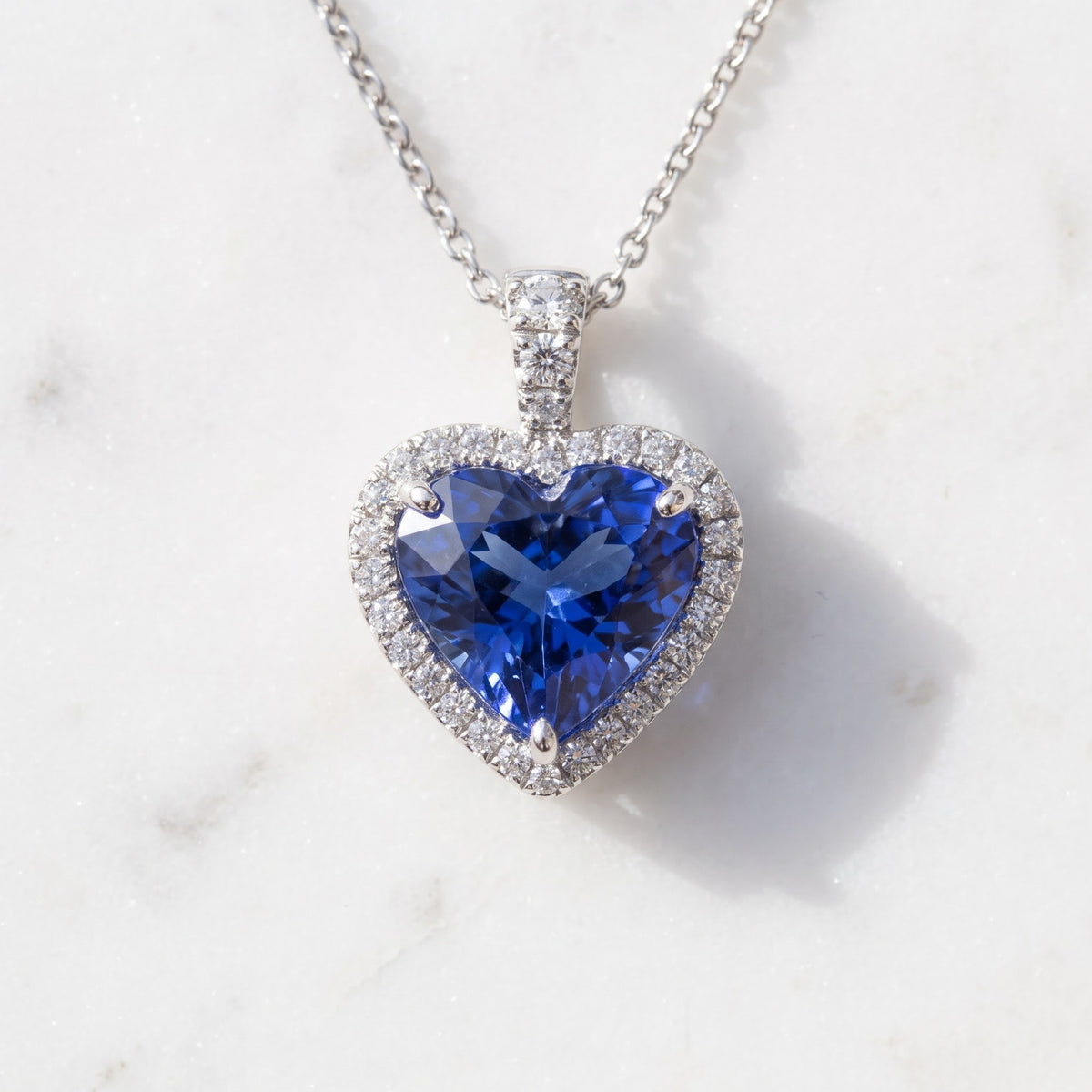 Heart-Shaped Tanzanite Halo Pendant Necklace in White Gold