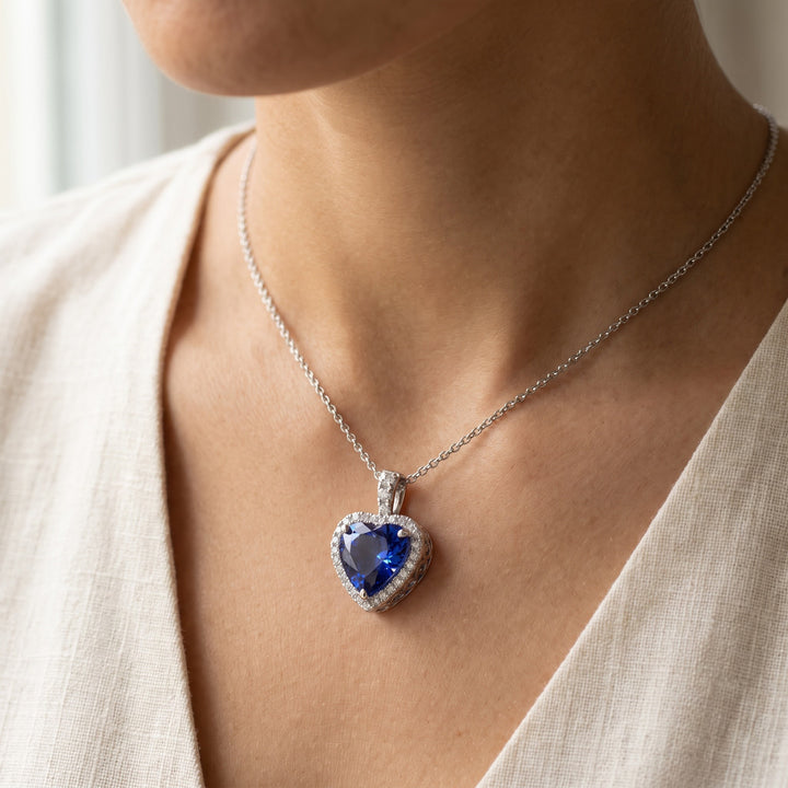 7.56 ct Heart-Shaped Tanzanite and Diamond Halo Pendant Necklace in 14K White Gold, worn