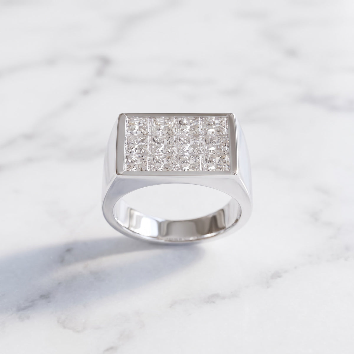 4.70 ct Invisible Set Princess-Cut Diamond Signet Ring in 14K White Gold