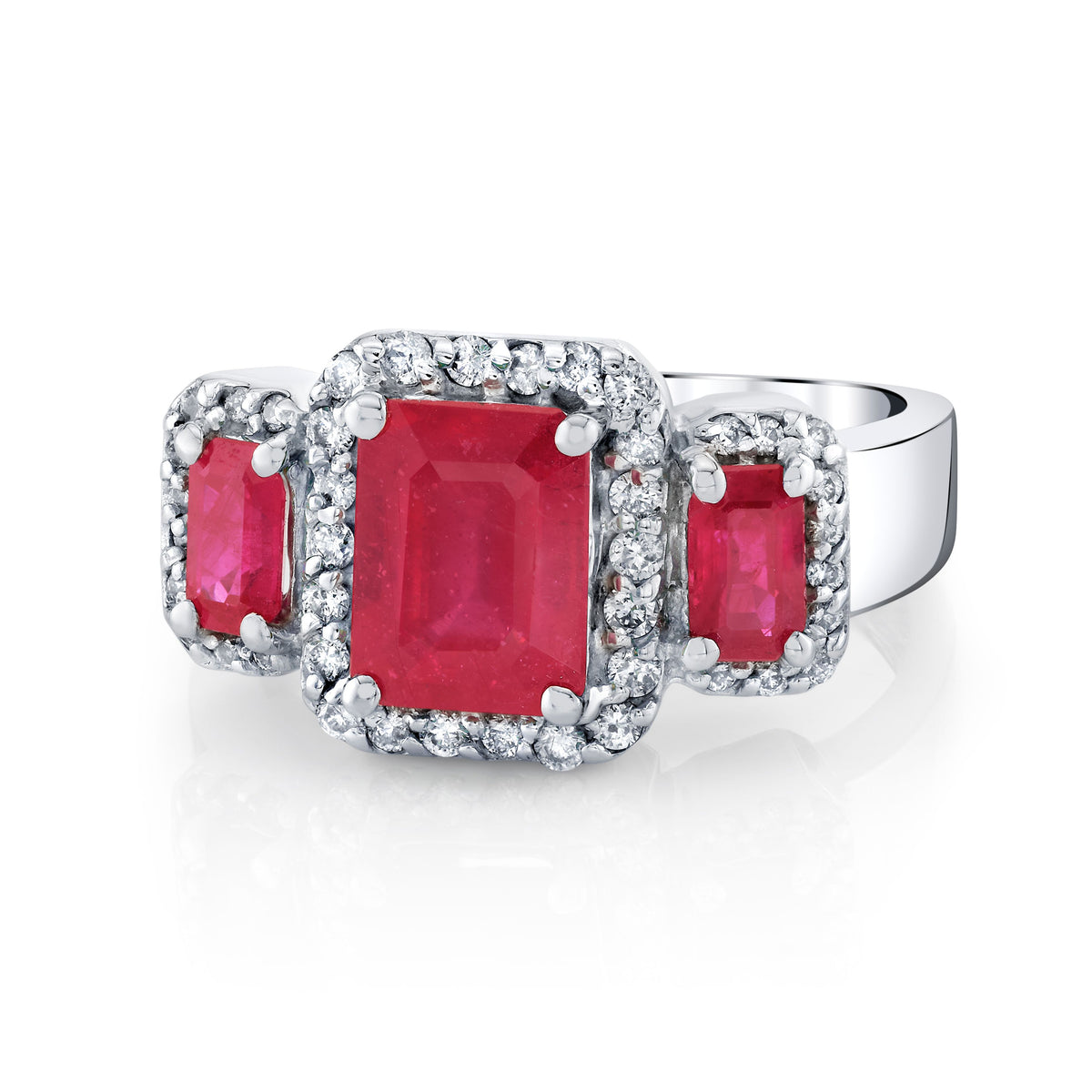 14K White Gold Ruby and Diamond Halo Ring – 2.28ct Ruby, 0.31ct Diamonds