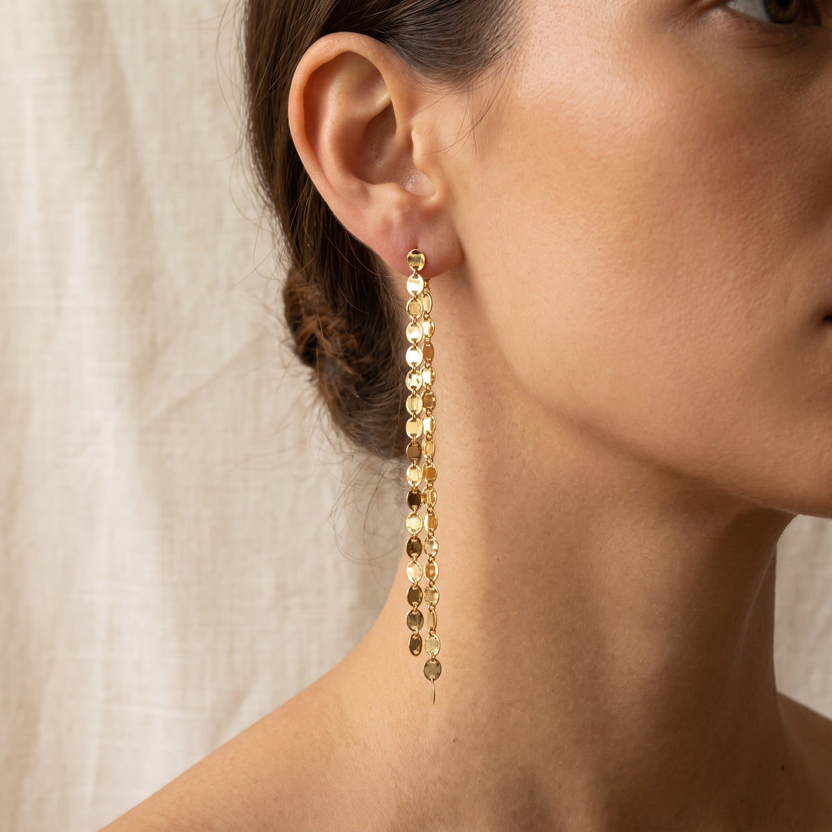 Long Yellow Gold Disc Link Dangle Earrings, worn