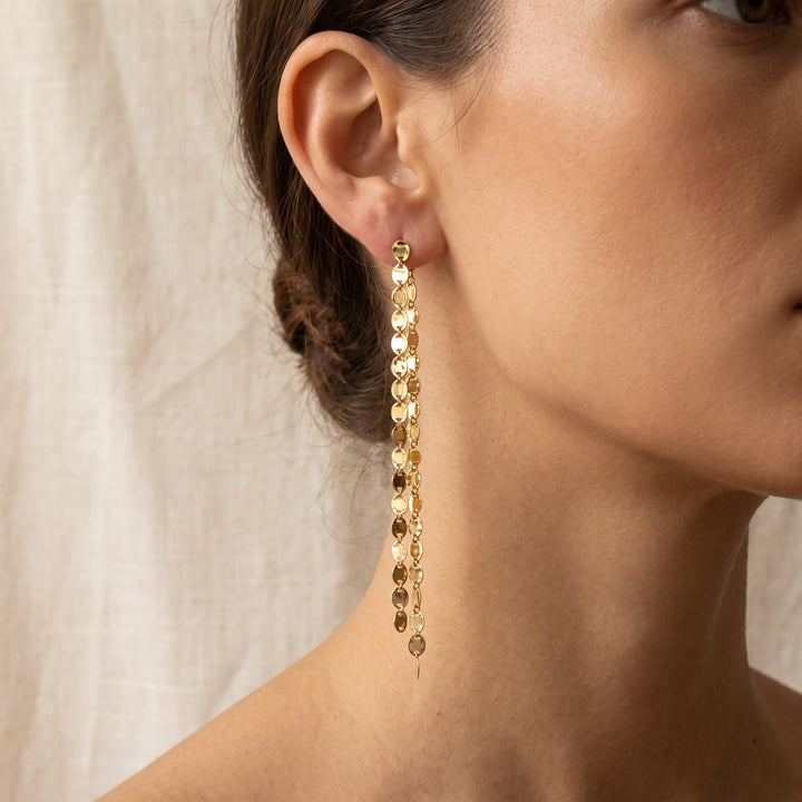 Long Disc Link Dangle Earrings in 14K Yellow Gold, worn